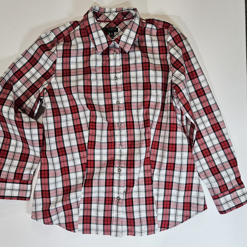 Talbots Tartan Plaid Button Down Shirt Womens Size 8P Red White Academia‎ Top